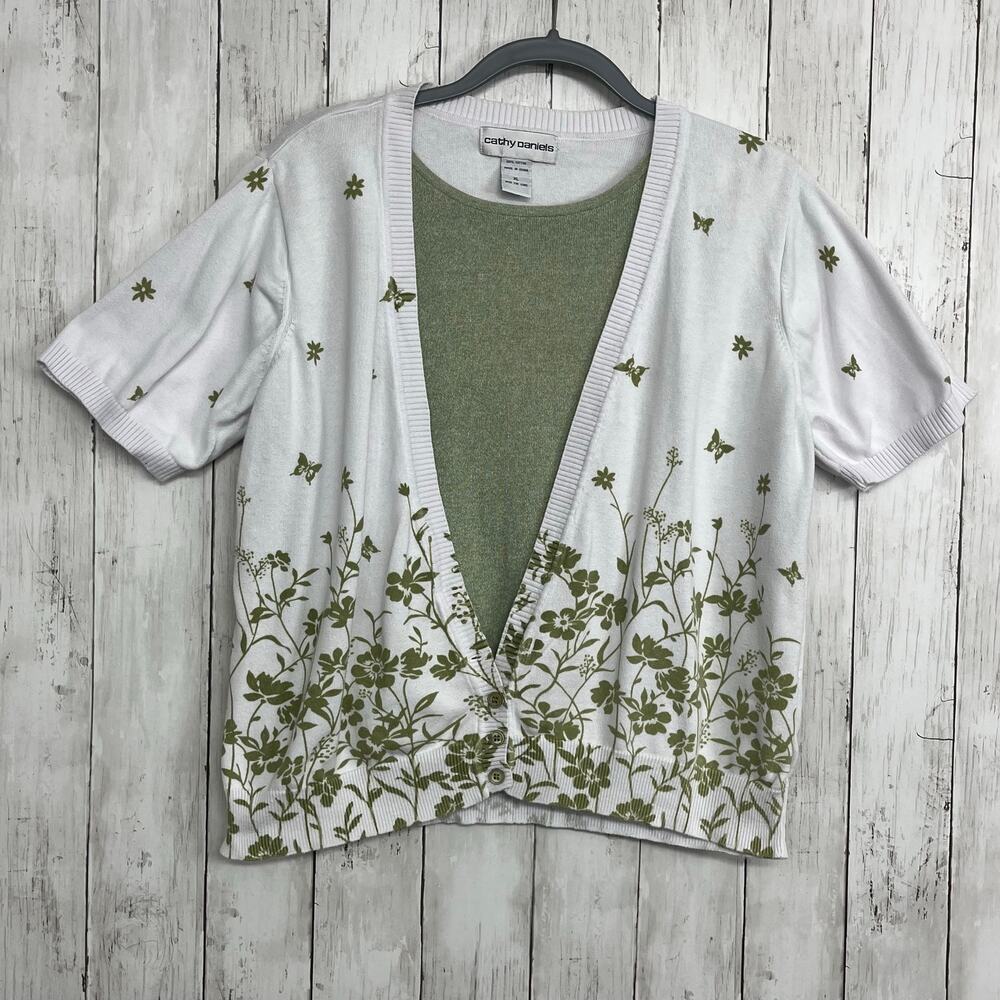 Cathy Daniels Floral Cardigan Sweater White Green Botanical Cottagecore Size XL